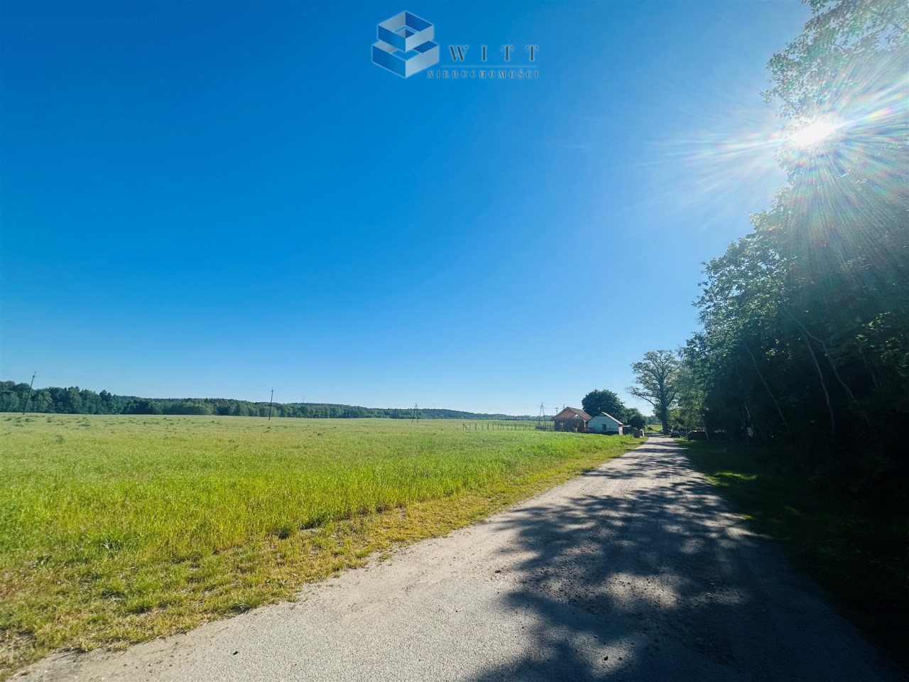 Widok na wiejską drogę prowadzącą przez zielone pola, z błękitnym niebem i słońcem na horyzoncie. Po prawej stronie widoczny dom oraz drzewa.