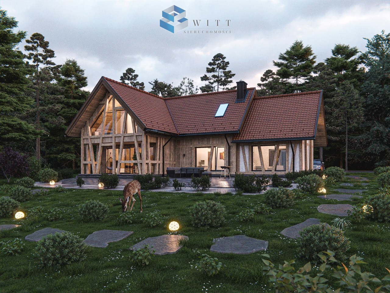 Nowoczesny dom w stylu drewnianym z dużymi oknami, otoczony zielonym ogrodem i oświetleniem w nocy. W tle widać drzewa, a na trawie pasie się sarenka.