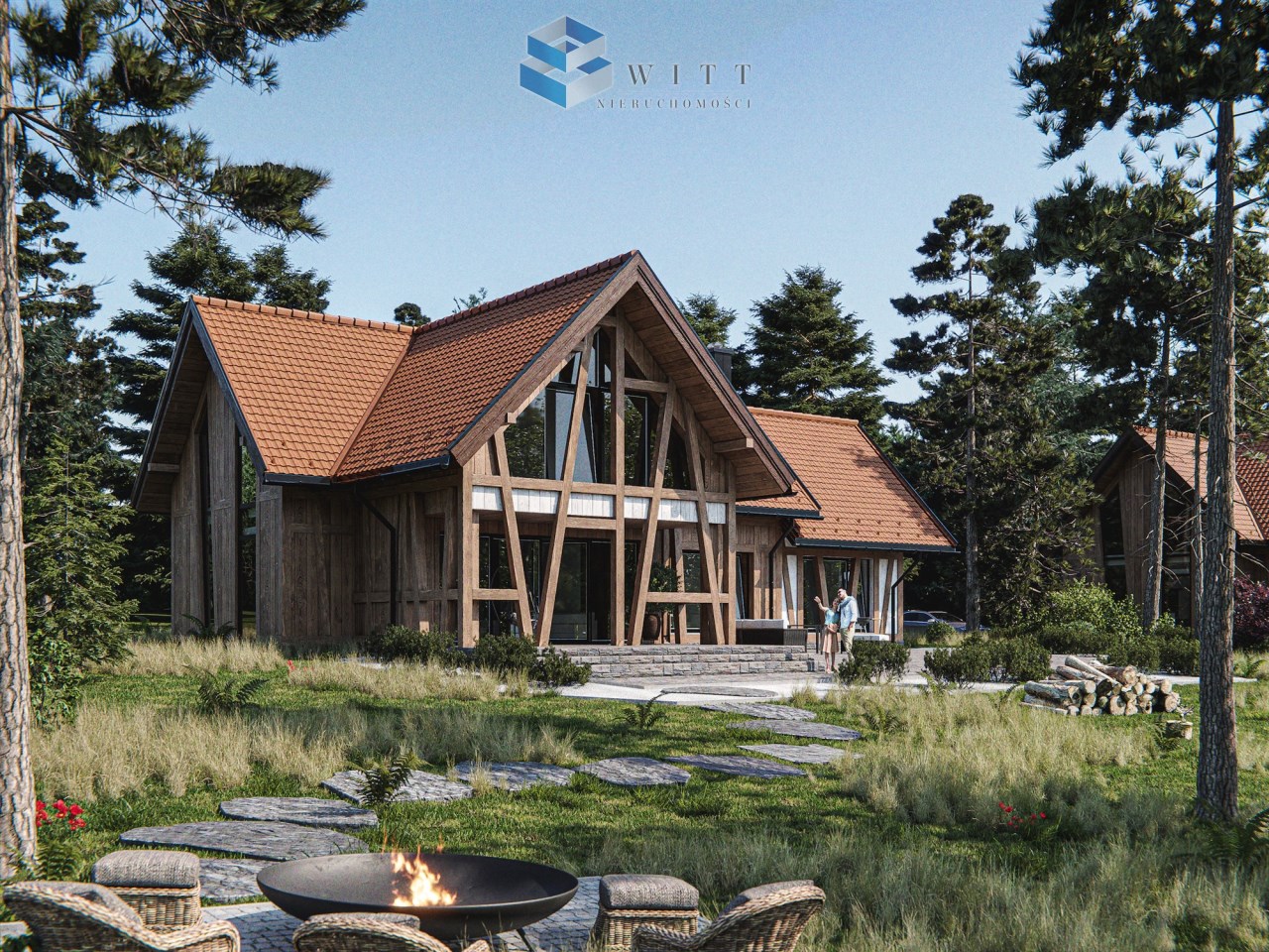 Widok na nowoczesny dom z drewna z dużymi oknami, otoczony zielenią i drzewami, z miejscem na ognisko na pierwszym planie.