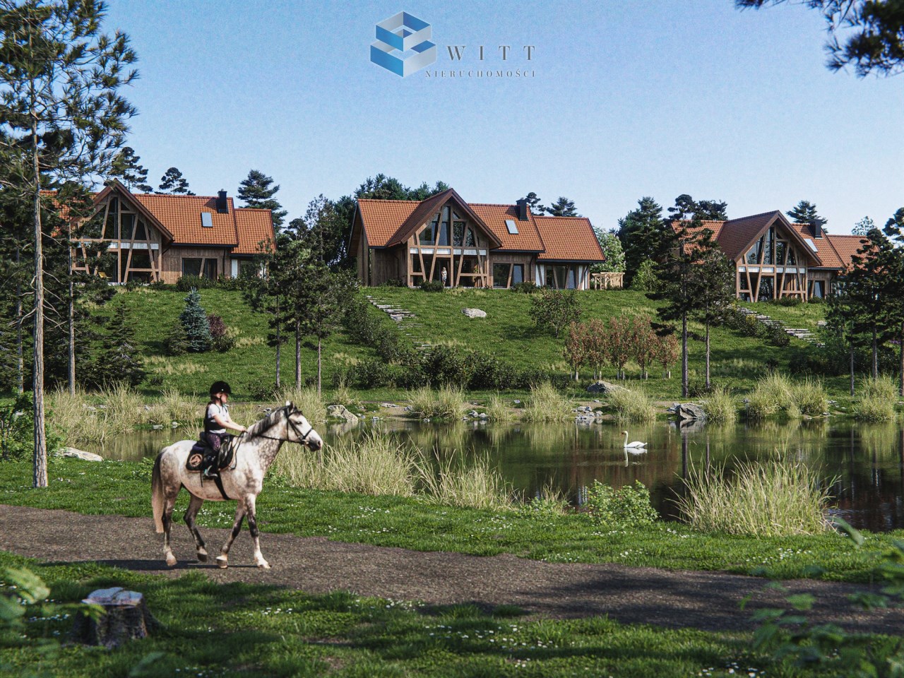 Kobieta jeździ na koniu w malowniczej okolicy z drewnianymi domkami i stawem w tle. Wokół rosną drzewa i trawa, a w stawie pływa łabędź.