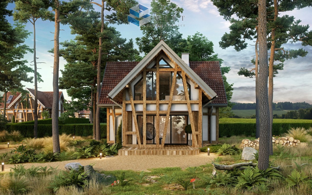 Nowoczesny dom jednorodzinny w stylu drewnianym, otoczony zielenią i drzewami, z dużymi oknami i tarasem, w pięknym krajobrazie.