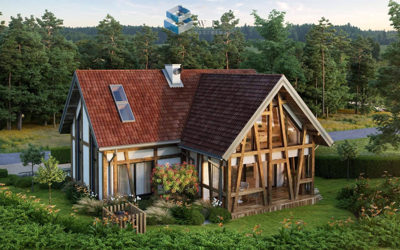 Nowoczesny dom jednorodzinny w stylu rustykalnym, z drewnianymi elementami i czerwoną dachówką, otoczony zielenią i drzewami. W ogrodzie kwiaty i krzewy, a w tle malowniczy krajobraz.
