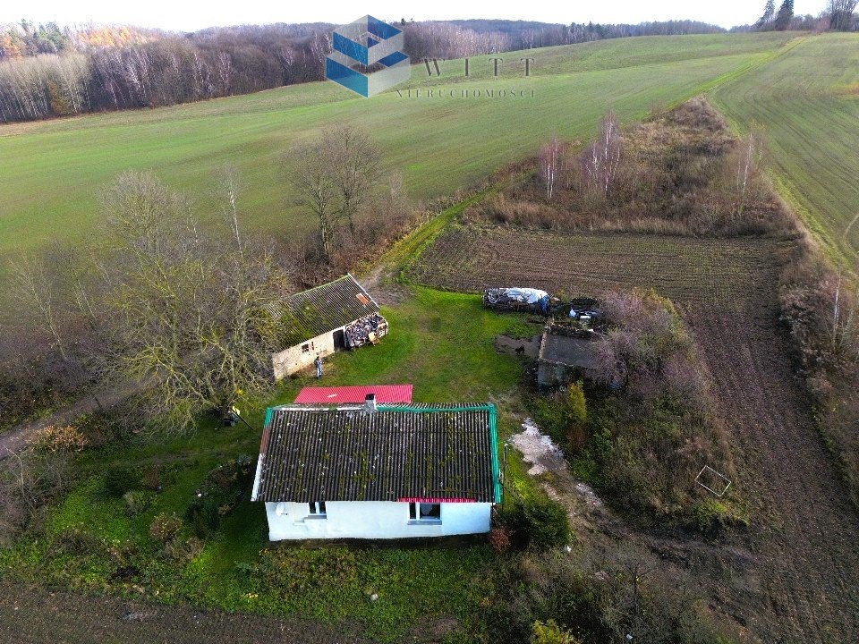 Widok z lotu ptaka na wiejski krajobraz z domem i budynkami gospodarczymi otoczonymi zielonymi polami i lasem.