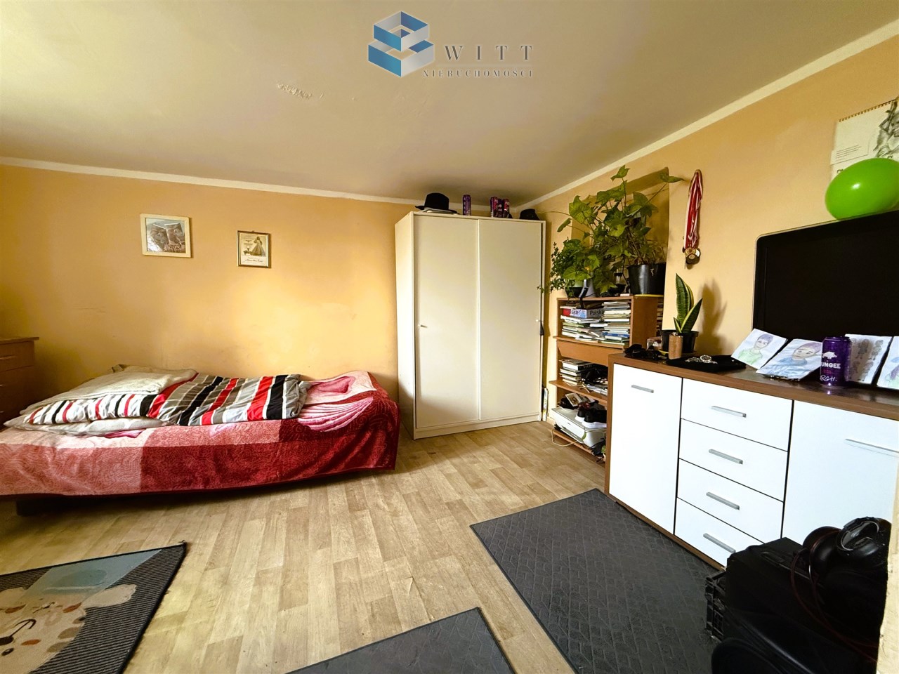 Wnętrze pokoju z łóżkiem pokrytym czerwonym kocem, szafą, regałem z roślinami oraz telewizorem na białej komodzie. Na podłodze dywaniki, a na ścianach wiszą dwa obrazy.