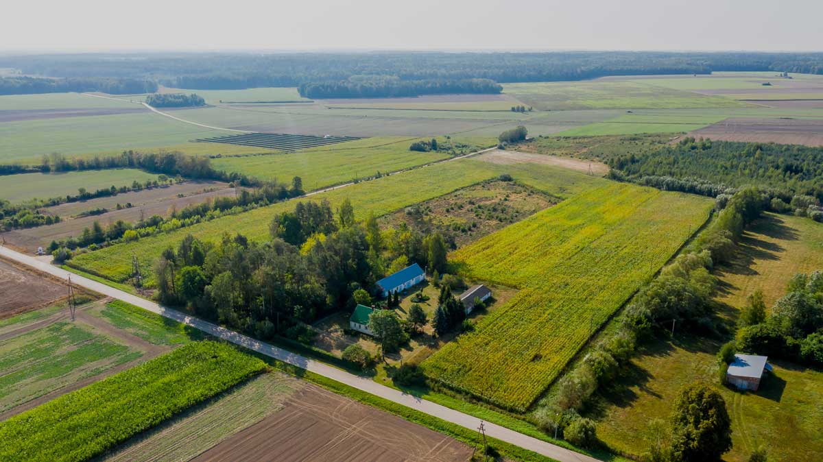 Widok z lotu ptaka na wiejską okolicę z zielonymi polami, domem z niebieskim dachem i drogą prowadzącą przez tereny uprawne.