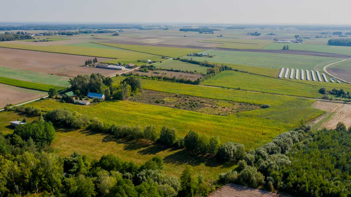 Widok z lotu ptaka na wiejski krajobraz z zielonymi polami, drzewami i zabudowaniami w tle.