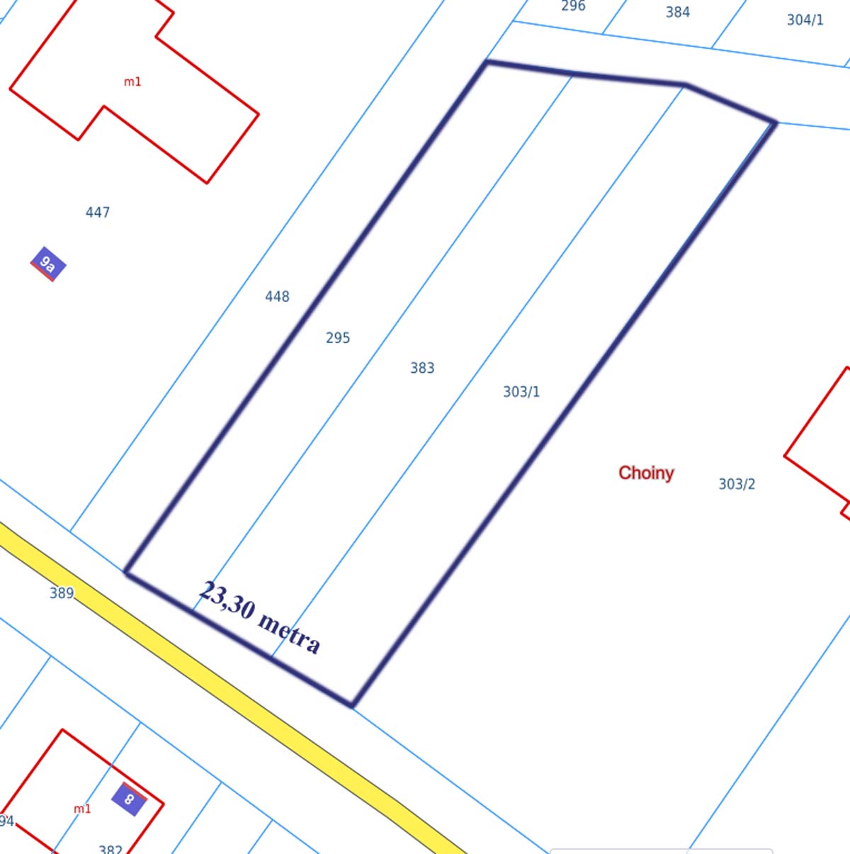 Mapa działki w miejscowości Choiny, z zaznaczonym obszarem o wymiarach 23,30 metra, otoczona innymi numerami działek oraz ulicą.