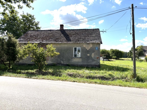 Dom jednorodzinny w stylu wiejskim, z szarym tynkiem, widoczny w otoczeniu zieleni, z drzewem i krzewami. Na dachu ceramiczne dachówki, a obok widać słup energetyczny.