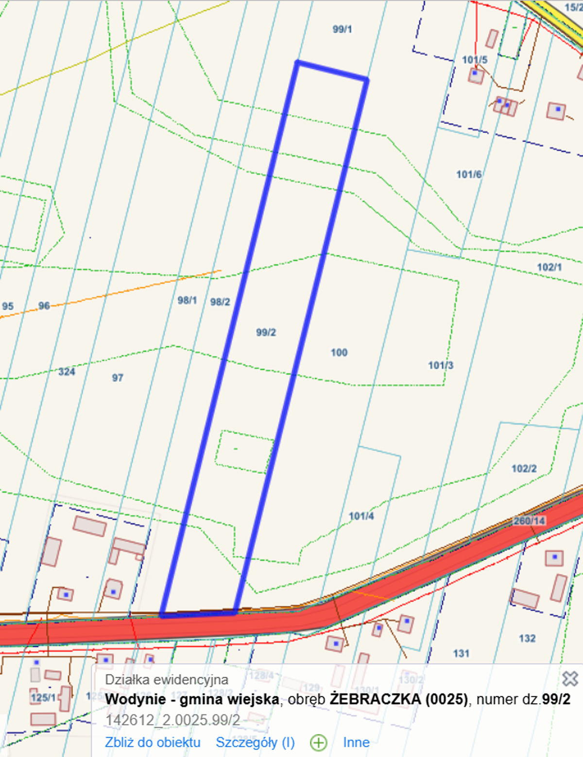 Mapa działki ewidencyjnej w miejscowości Wodynia, gmina wiejska, obręb Żebraczka, z zaznaczeniem granic działki nr 99/2.