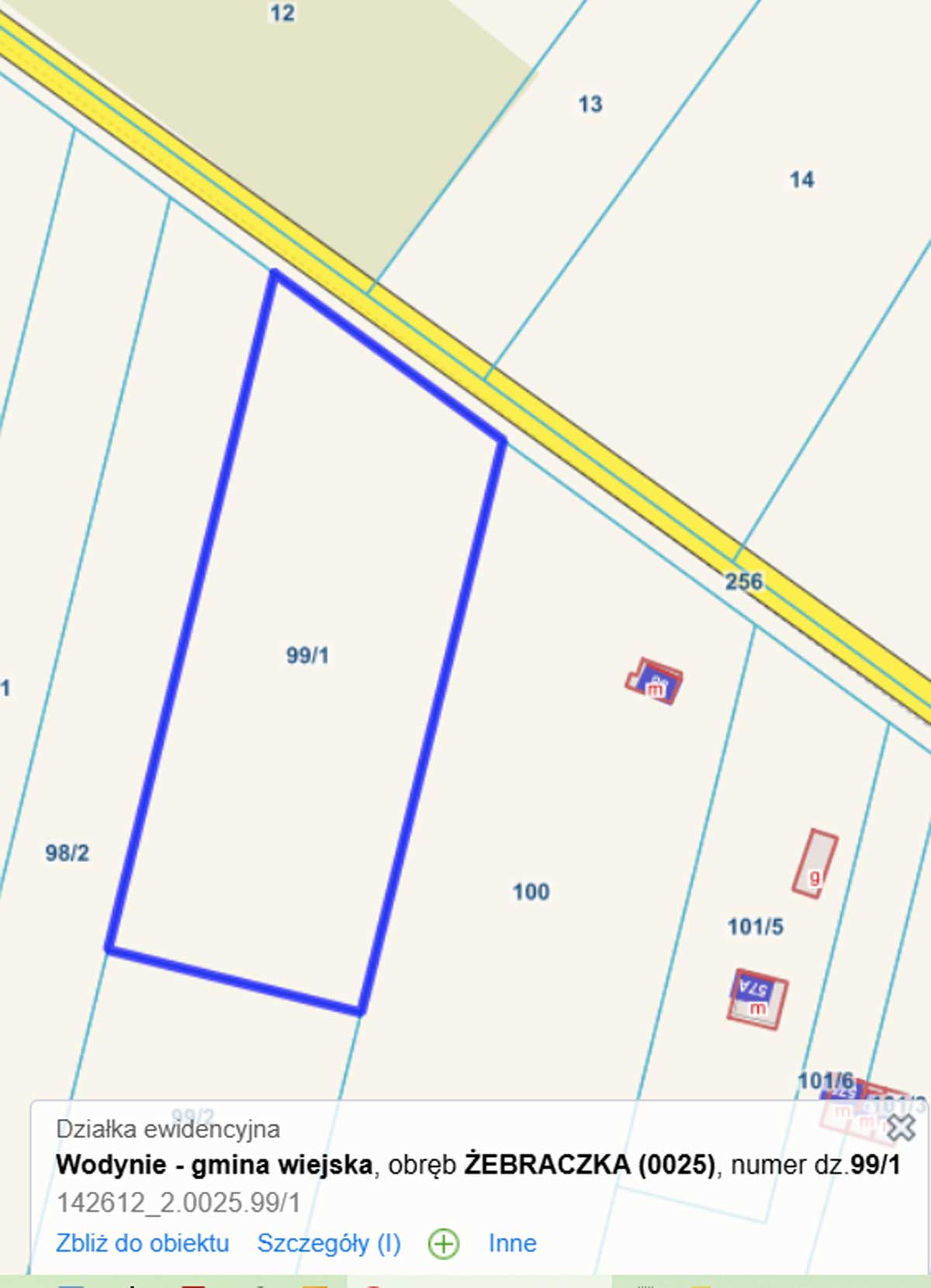 Mapa działki ewidencyjnej w miejscowości Wodynie, gmina wiejska, obręb Żebraczk, z zaznaczoną działką nr 99/1.