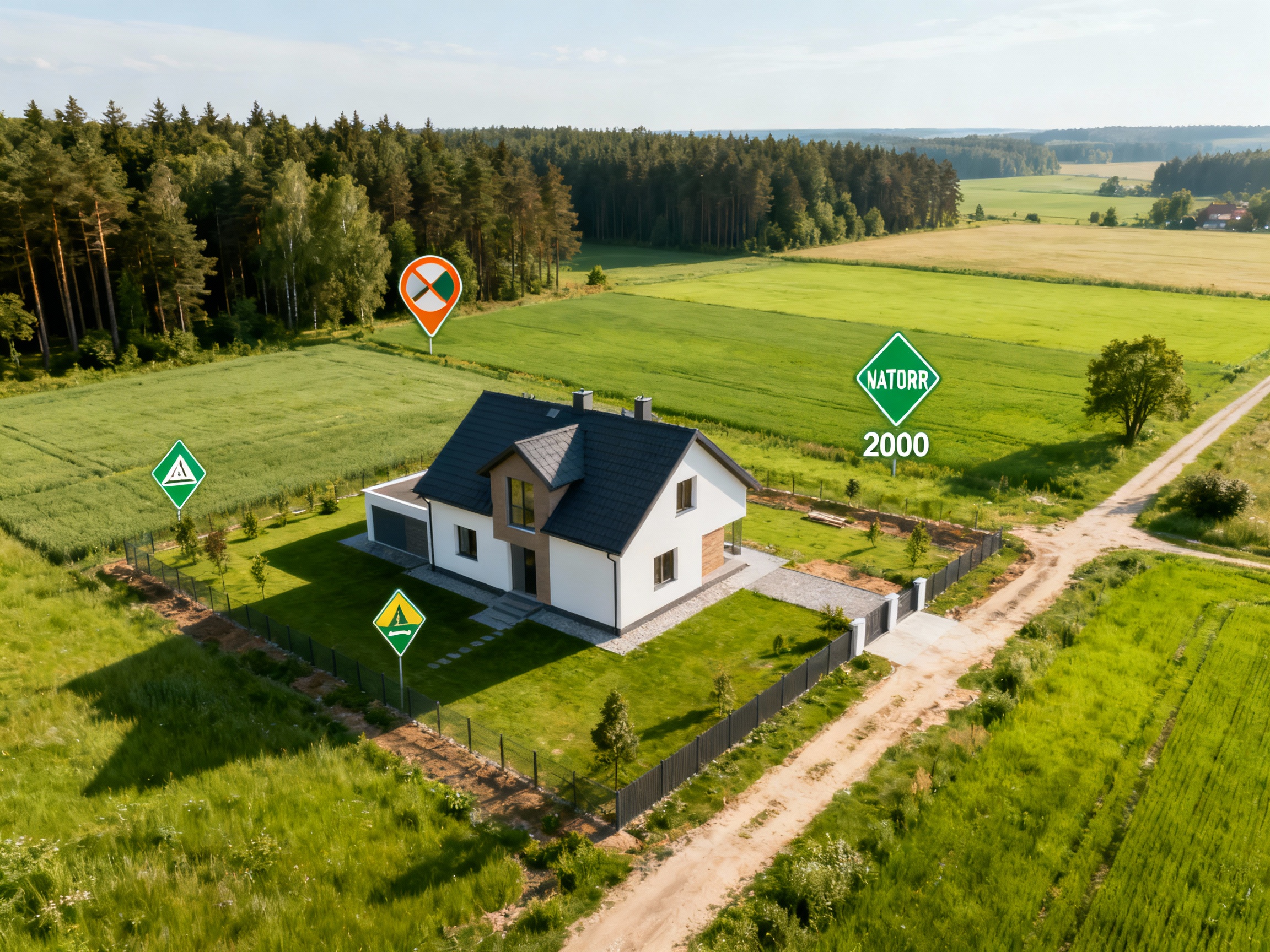 Widok na nowoczesny dom jednorodzinny otoczony zielonymi polami i lasem. W tle widoczne oznaczenia terenów oraz ścieżki dojazdowe. Idealne miejsce na spokojne życie na wsi.