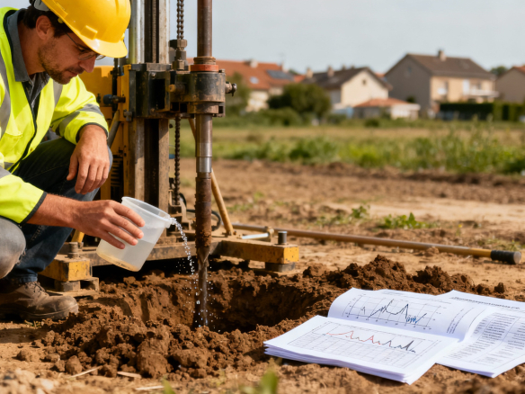 Mężczyzna w żółtej kamizelce odblaskowej i kasku, przeprowadza badania gruntowe, nalewając wodę do odwiertu. Obok leży dokumentacja z danymi pomiarowymi. W tle widać wiejskie domy i pola.
