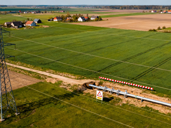 Widok na wiejskie tereny z linią energetyczną i rurą, otoczone zielonymi polami oraz domami. Znak ostrzegawczy informujący o pracach na rurze.