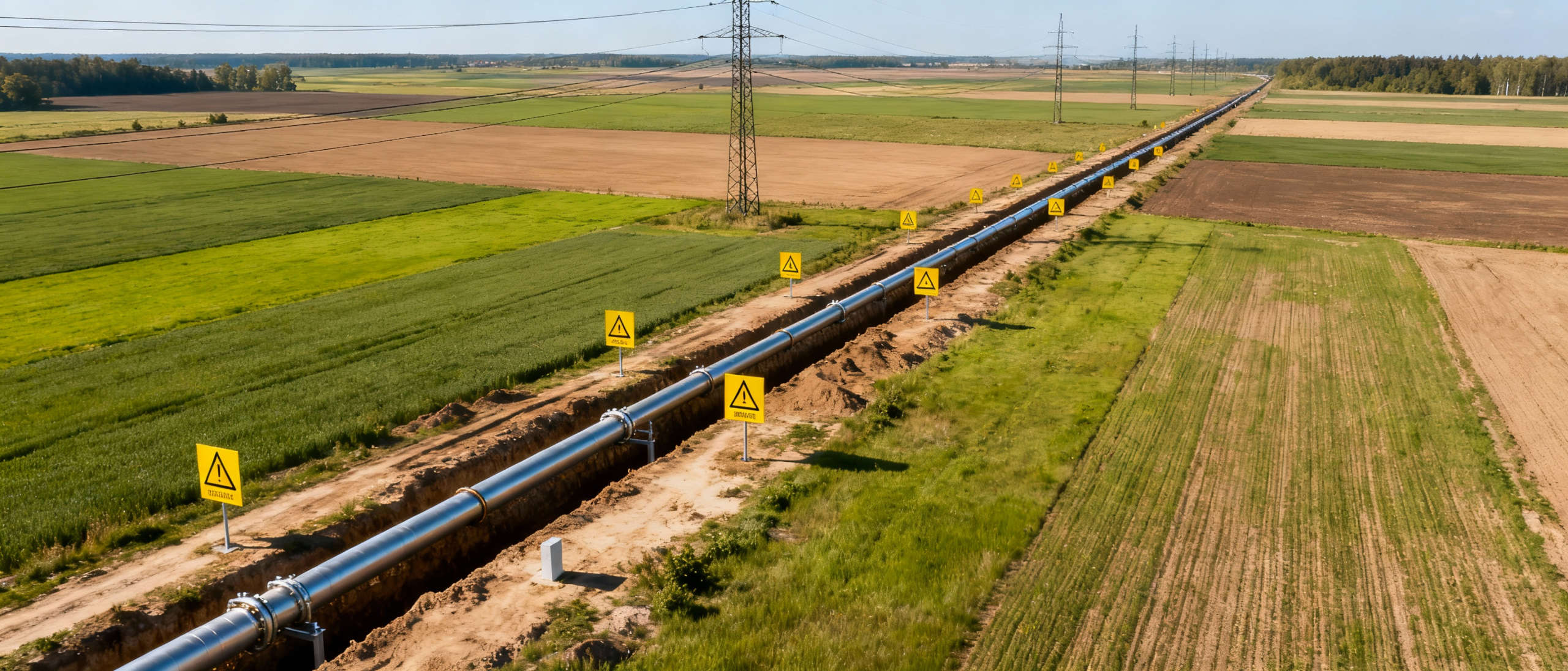 Widok na długi rurociąg biegnący przez pola, z oznaczeniami ostrzegawczymi wzdłuż trasy. W tle rozległe tereny rolnicze i linie energetyczne.