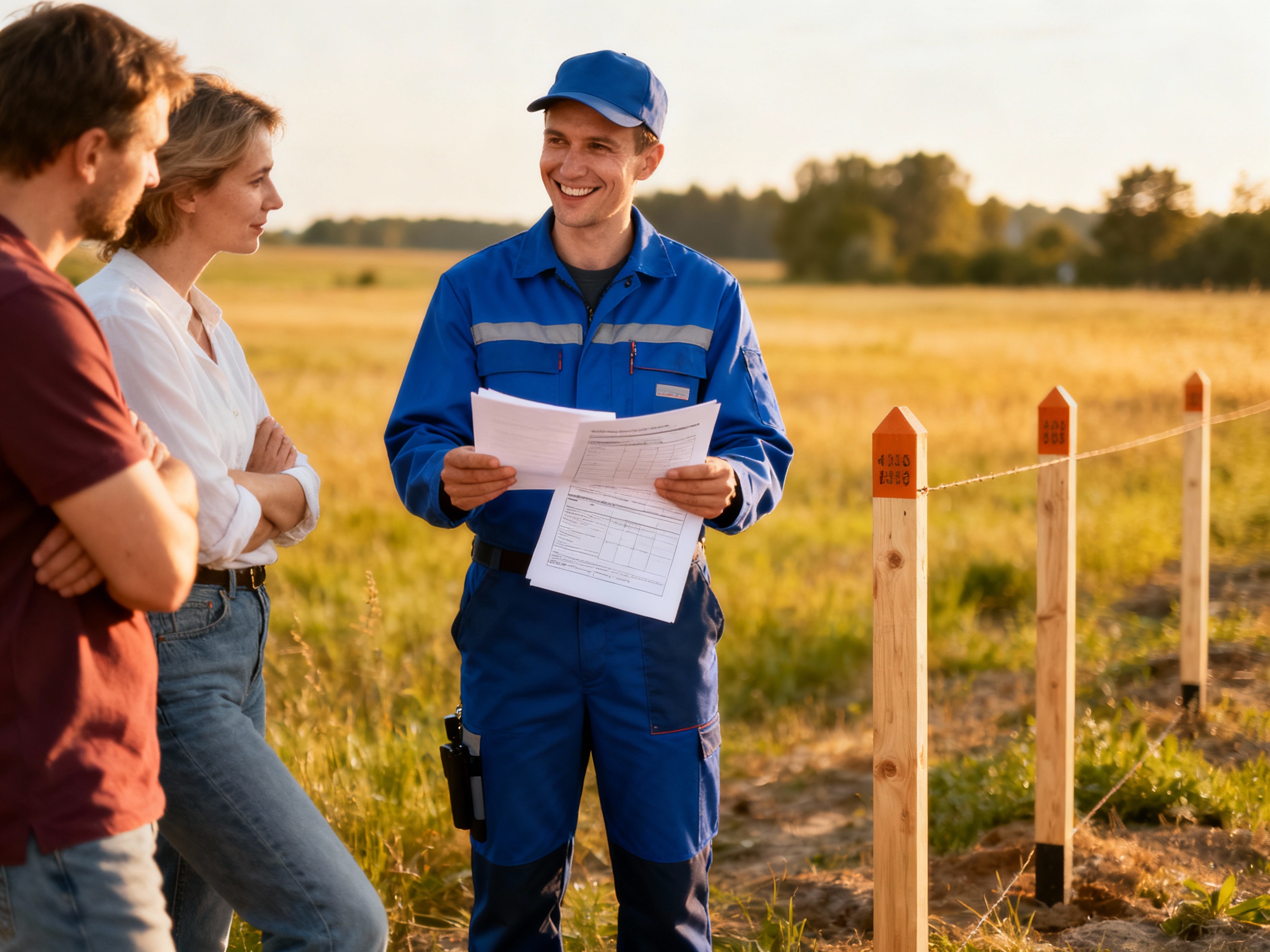 Mężczyzna w niebieskim uniformie omawia dokumenty z dwiema osobami na tle pola. Widać drewniane słupki, które mogą wskazywać na granice działki. Słońce oświetla scenę, tworząc przyjemną atmosferę.
