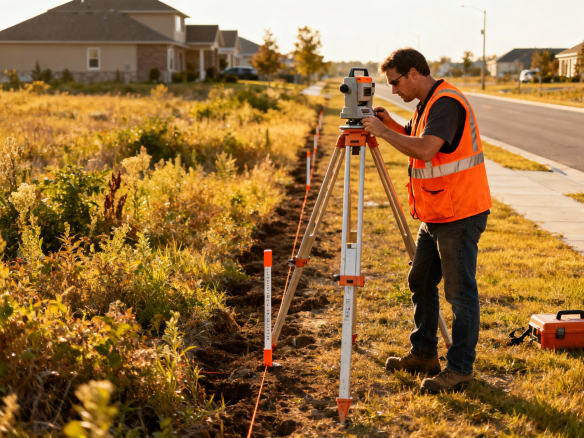 Mężczyzna w pomarańczowej kamizelce odblaskowej korzysta z niwelatora na działce budowlanej, w tle widać nowe domy oraz drogę.