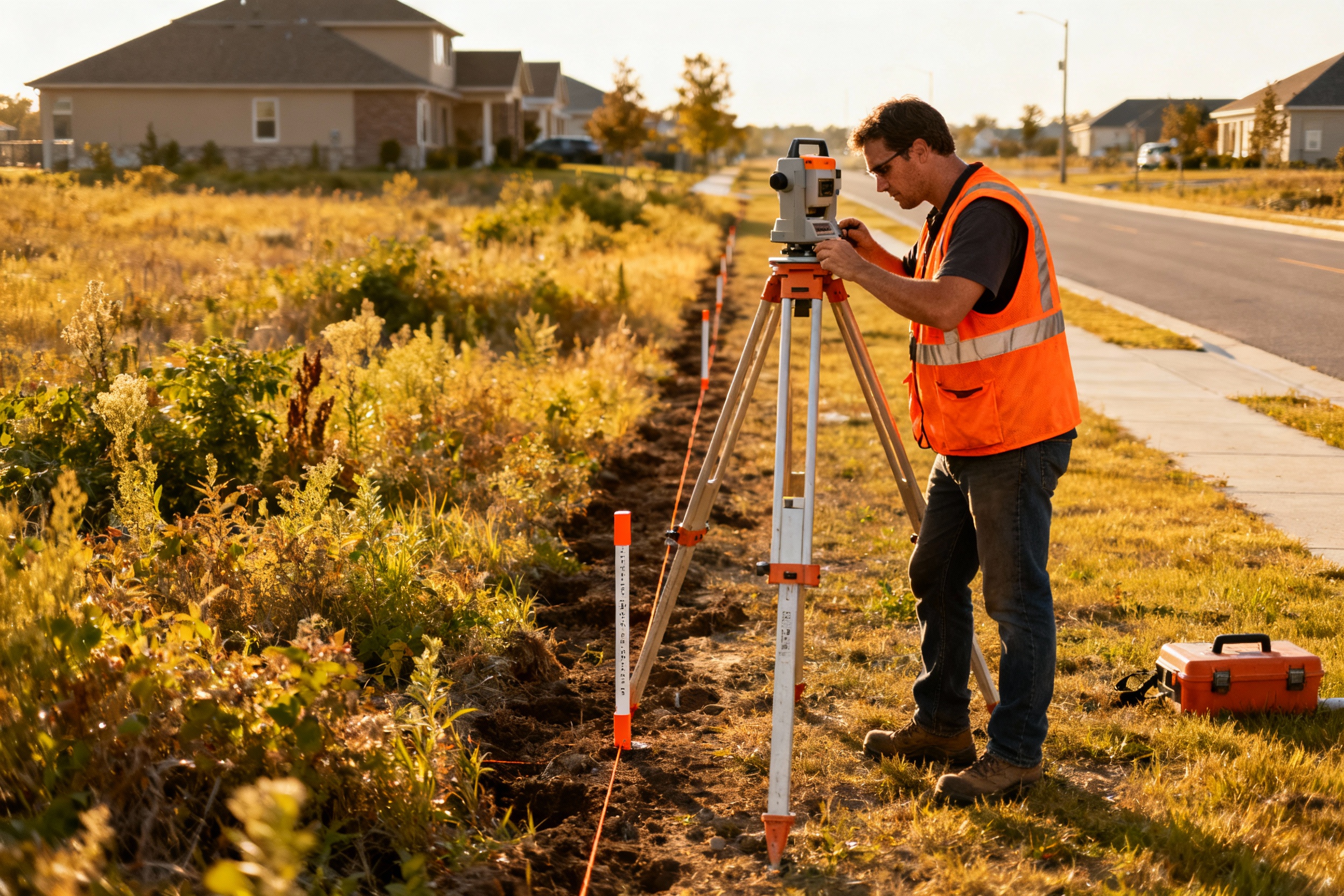Mężczyzna w pomarańczowej kamizelce odblaskowej korzysta z niwelatora na działce budowlanej, w tle widać nowe domy oraz drogę.
