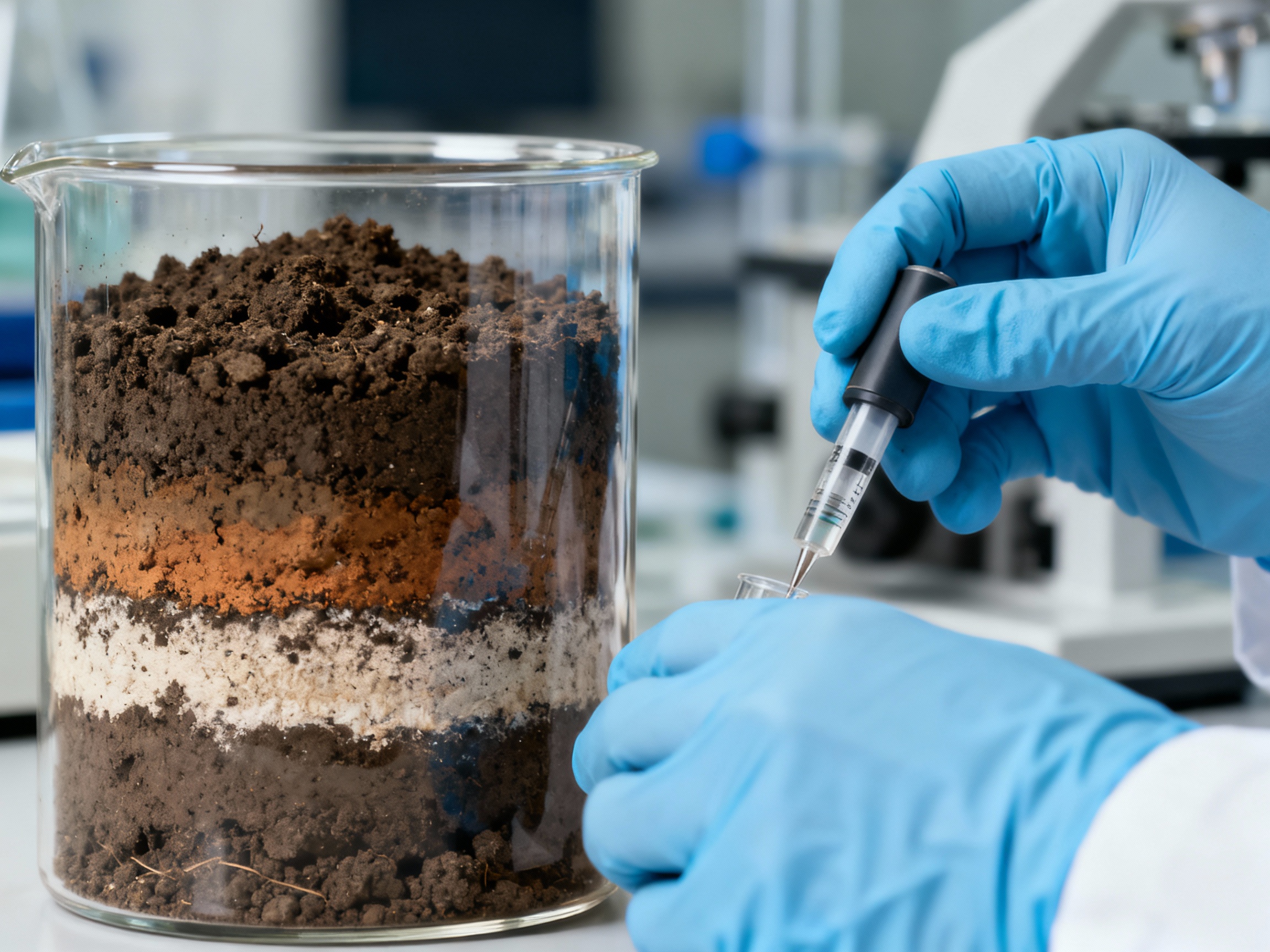 Próbka gleby w szklanym naczyniu z warstwami różnych rodzajów ziemi. Osoba w rękawiczkach wykonuje pomiar z użyciem pipety. W tle widoczne laboratorium.