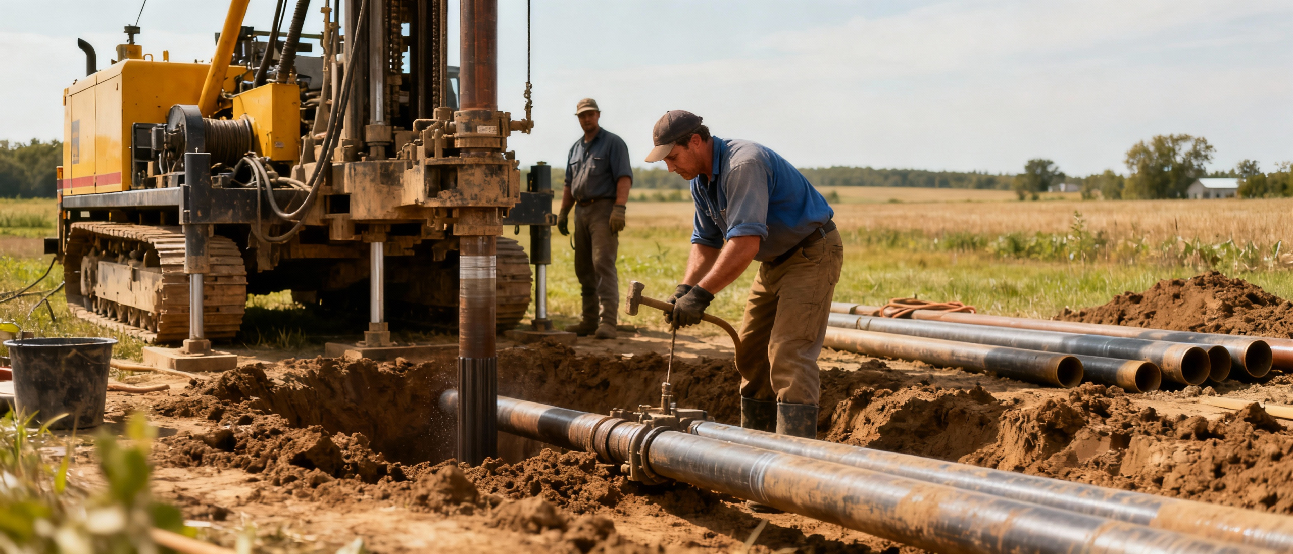 Mężczyzna pracujący przy wierceniu rur na polu, z maszyną w tle. Widać wykopany grunt oraz przygotowane rury. Praca w terenie związana z infrastrukturą wodociągową.