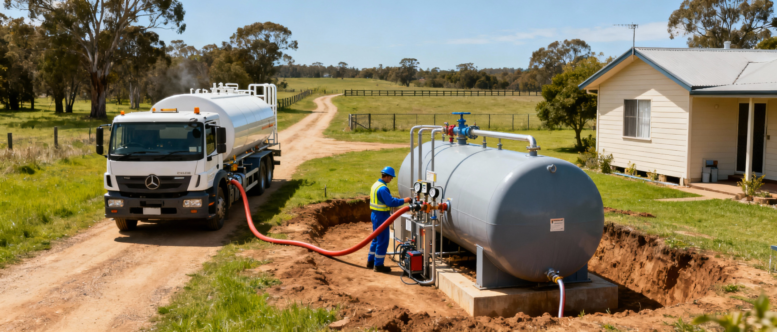 Ciężarówka dostarczająca paliwo do zbiornika na terenie wiejskim, z pracownikiem obsługującym urządzenia. W tle widoczny dom i zielony krajobraz.