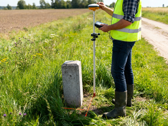 Mężczyzna w odblaskowej kamizelce mierzy teren przy użyciu urządzenia GPS w pobliżu granicy działki, obok kamienia granicznego, na tle zielonej łąki i pola.