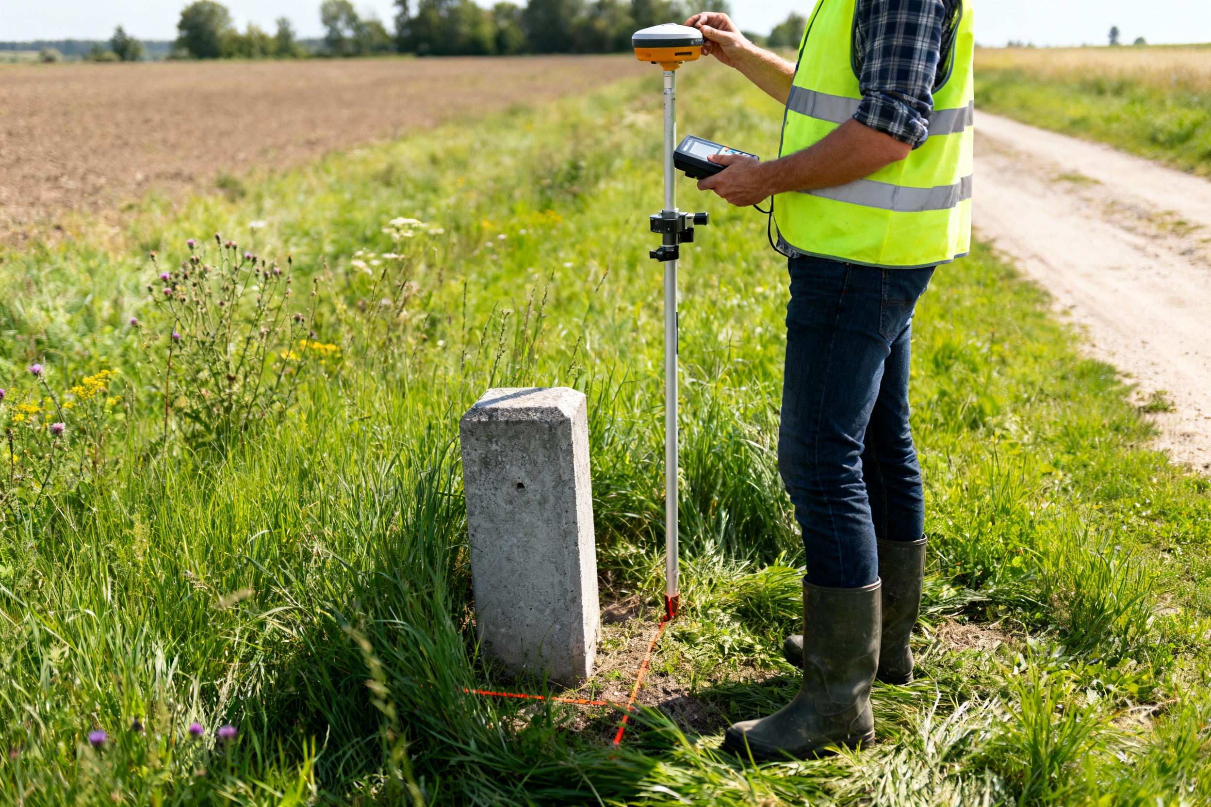 Mężczyzna w odblaskowej kamizelce mierzy teren przy użyciu urządzenia GPS w pobliżu granicy działki, obok kamienia granicznego, na tle zielonej łąki i pola.