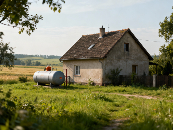 Dom jednorodzinny na wsi z metalowym zbiornikiem gazu, otoczony zielonym terenem i polami. W tle widoczne pagórki i drzewa, jasne niebo.