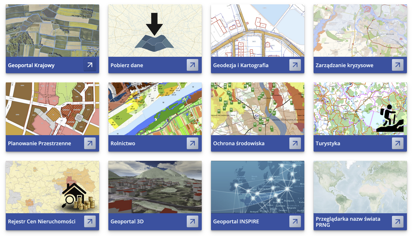 Zestaw ikon przedstawiających różne usługi i narzędzia dostępne w krajowym geoportalu, w tym geodezję, planowanie przestrzenne, ochronę środowiska, turystykę oraz rejestr cen nieruchomości.