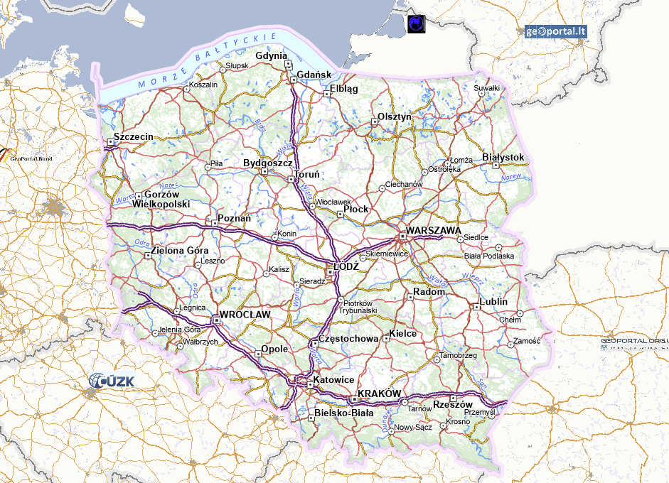 Mapa Polski z zaznaczonymi głównymi miastami, drogami i rzekami, przedstawiająca układ geograficzny kraju. Idealna do planowania podróży i analizy tras komunikacyjnych.