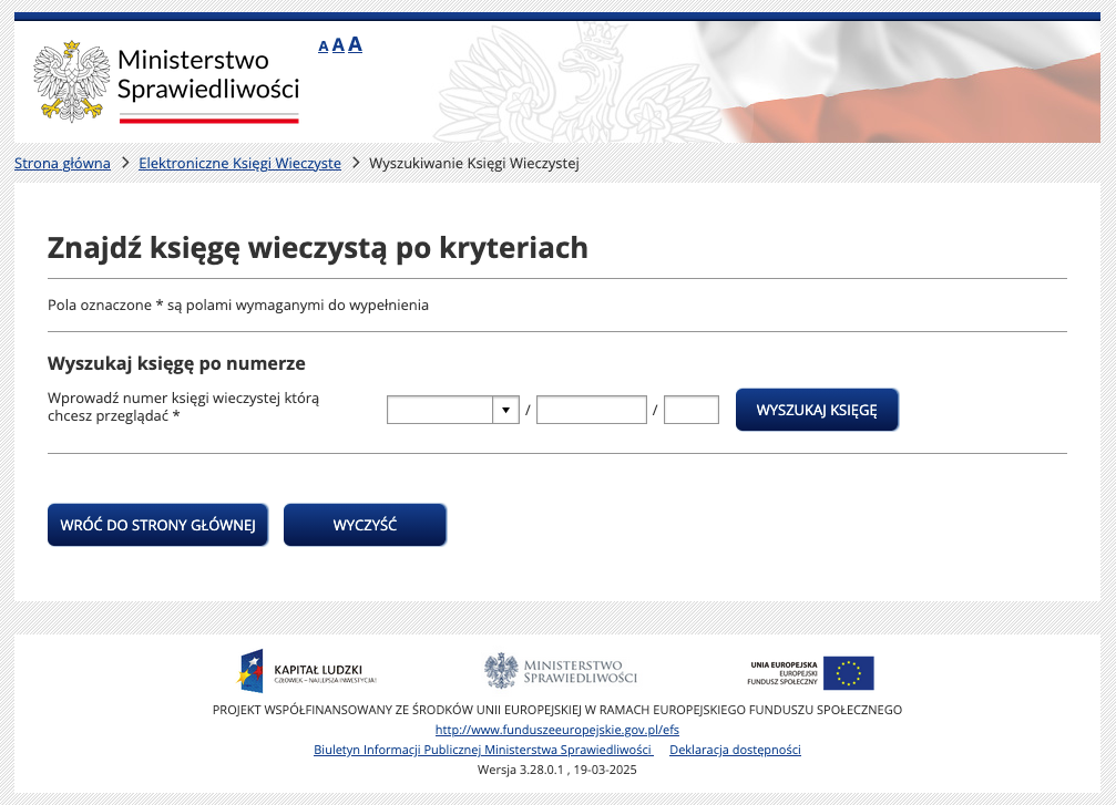 Formularz wyszukiwania księgi wieczystej na stronie Ministerstwa Sprawiedliwości, z polami do wprowadzenia numeru księgi oraz przyciskami do powrotu i czyszczenia.