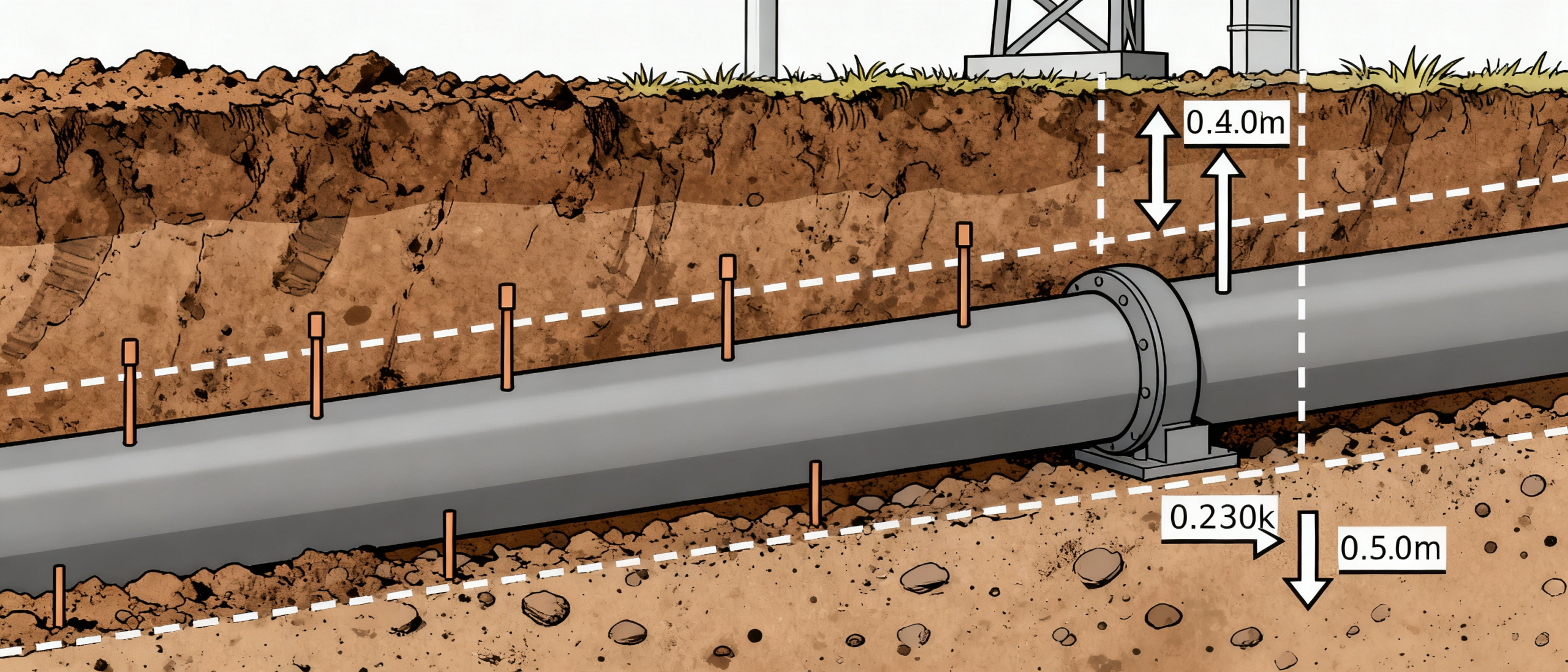 Schemat przedstawiający rurociąg zakopany w ziemi, z zaznaczonymi głębokościami na poziomie 0.4 m, 0.5 m oraz 0.230 m. Widoczne są również wskaźniki oznaczające położenie rurociągu oraz otaczającej go gleby.