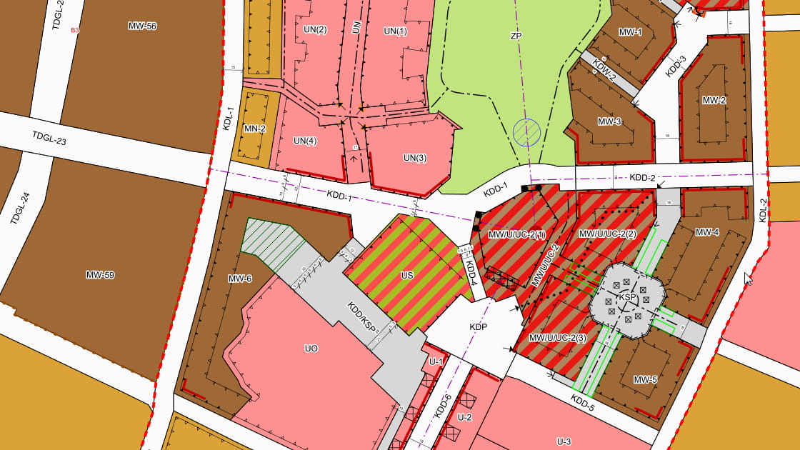 Mapa zagospodarowania przestrzennego z oznaczeniami terenów, ulic i budynków. Widać różne strefy zabudowy, takie jak mieszkalne (MW), usługowe (US) oraz inne przeznaczenia. Mapa zawiera także szczegółowe oznaczenia dróg i punktów charakterystycznych.