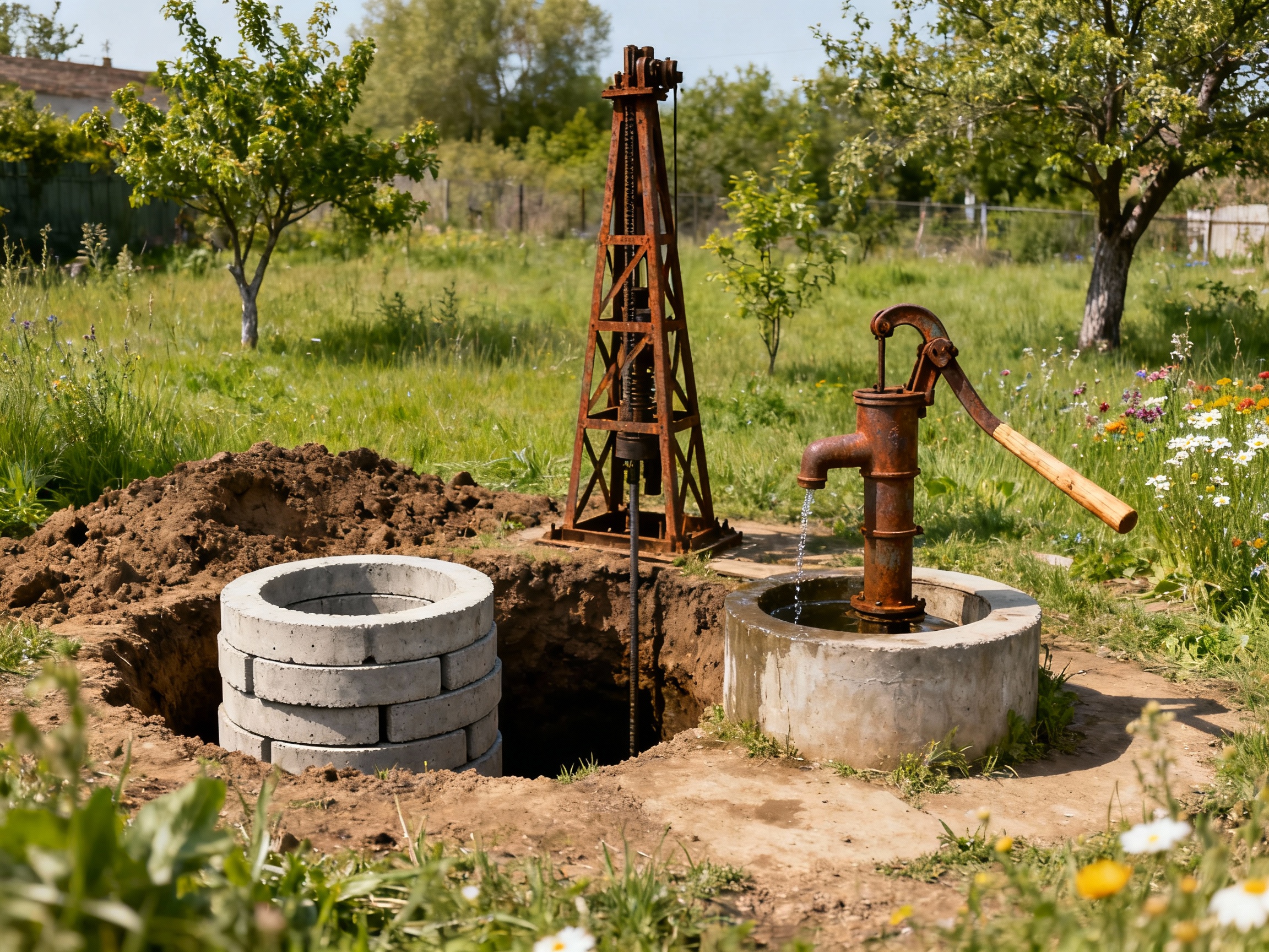 Studnia z ręczną pompą w ogrodzie, otoczona zielenią i kwiatami, z widocznymi elementami konstrukcyjnymi.