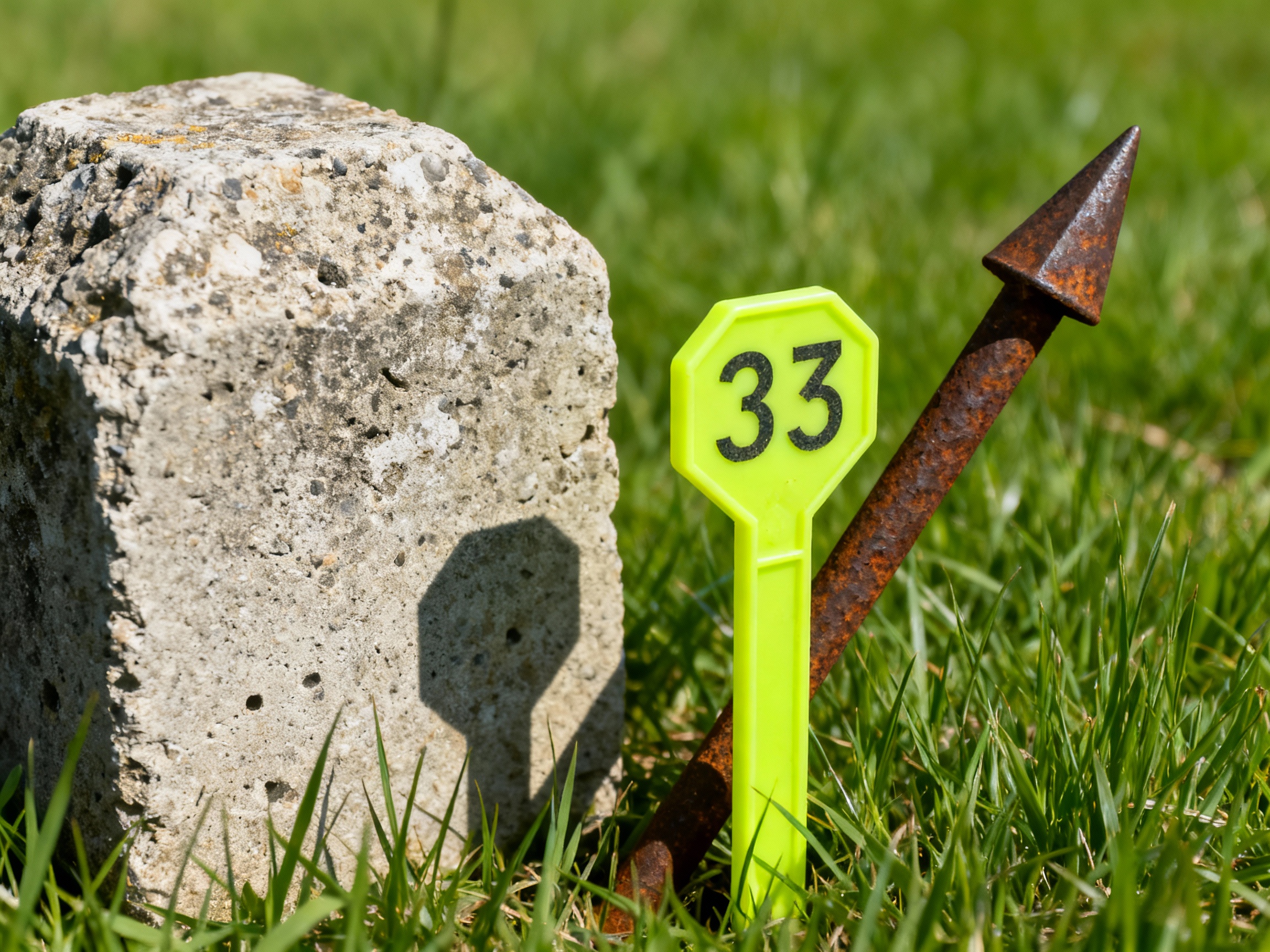 Kamień graniczny z numerem 33 oraz rdzawy szpil w trawie, na tle zielonego podłoża.
