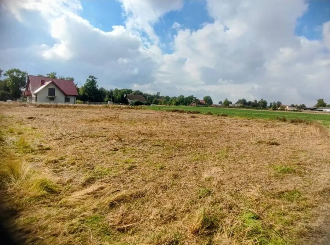 Widok na pusty teren z wyschniętą trawą, w tle dom z czerwoną dachówką oraz zieleń pól i drzew, pod błękitnym niebem z chmurami.