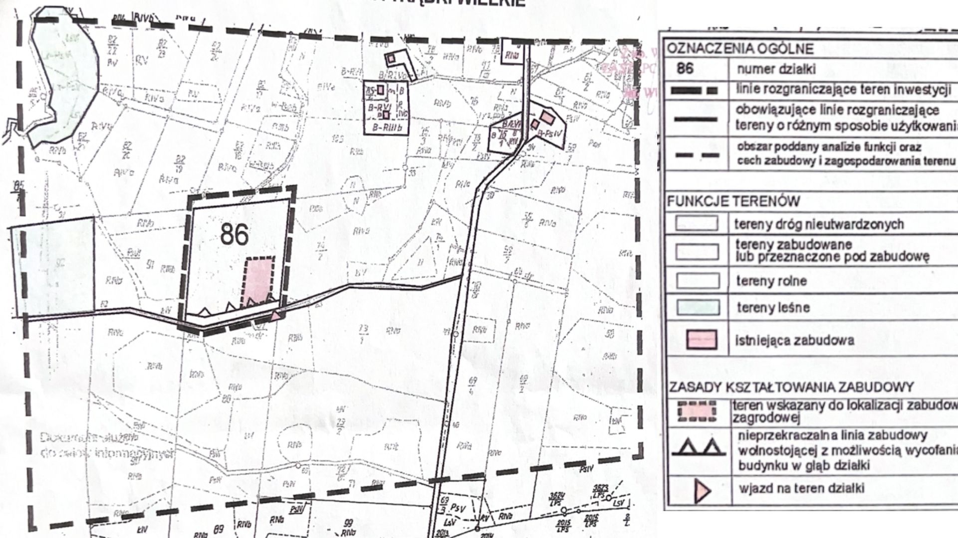 Mapa przedstawiająca działkę nr 86 oraz oznaczenia dotyczące funkcji terenów, linii rozgraniczających i zasad kształtowania zabudowy w gminie.