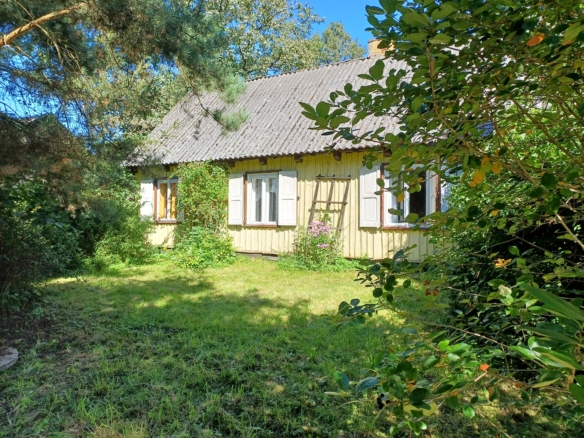 Dom w stylu wiejskim otoczony zielenią, z oknami i drewnianą elewacją, na tle błękitnego nieba.