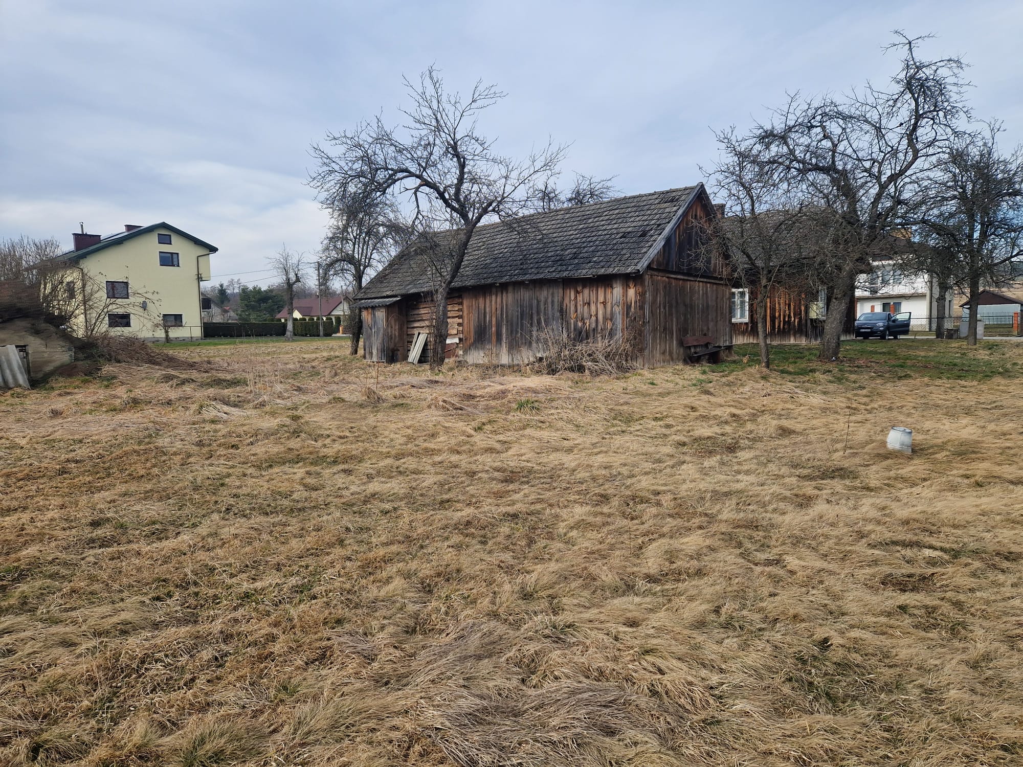 Widok na wiejską okolicę z drewnianym domem i nowoczesnym budynkiem, otoczone trawą i drzewami.